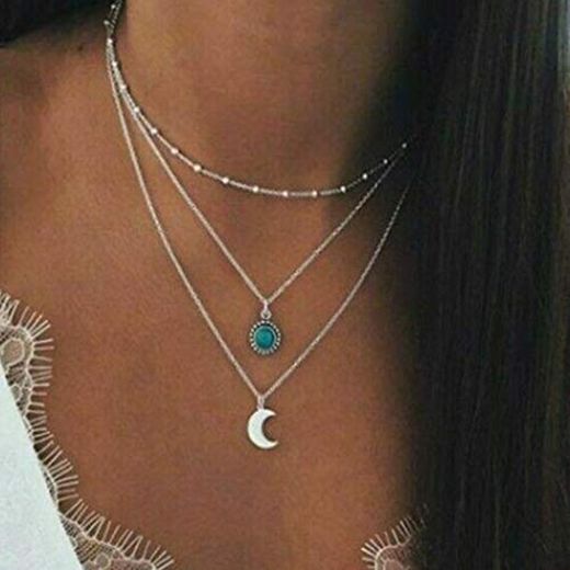 Flrora Boho Moon Collar con colgante de plata turquesa collares a la moda collar de la playa collar cadena de collar de verano joyería para mujeres y niñas