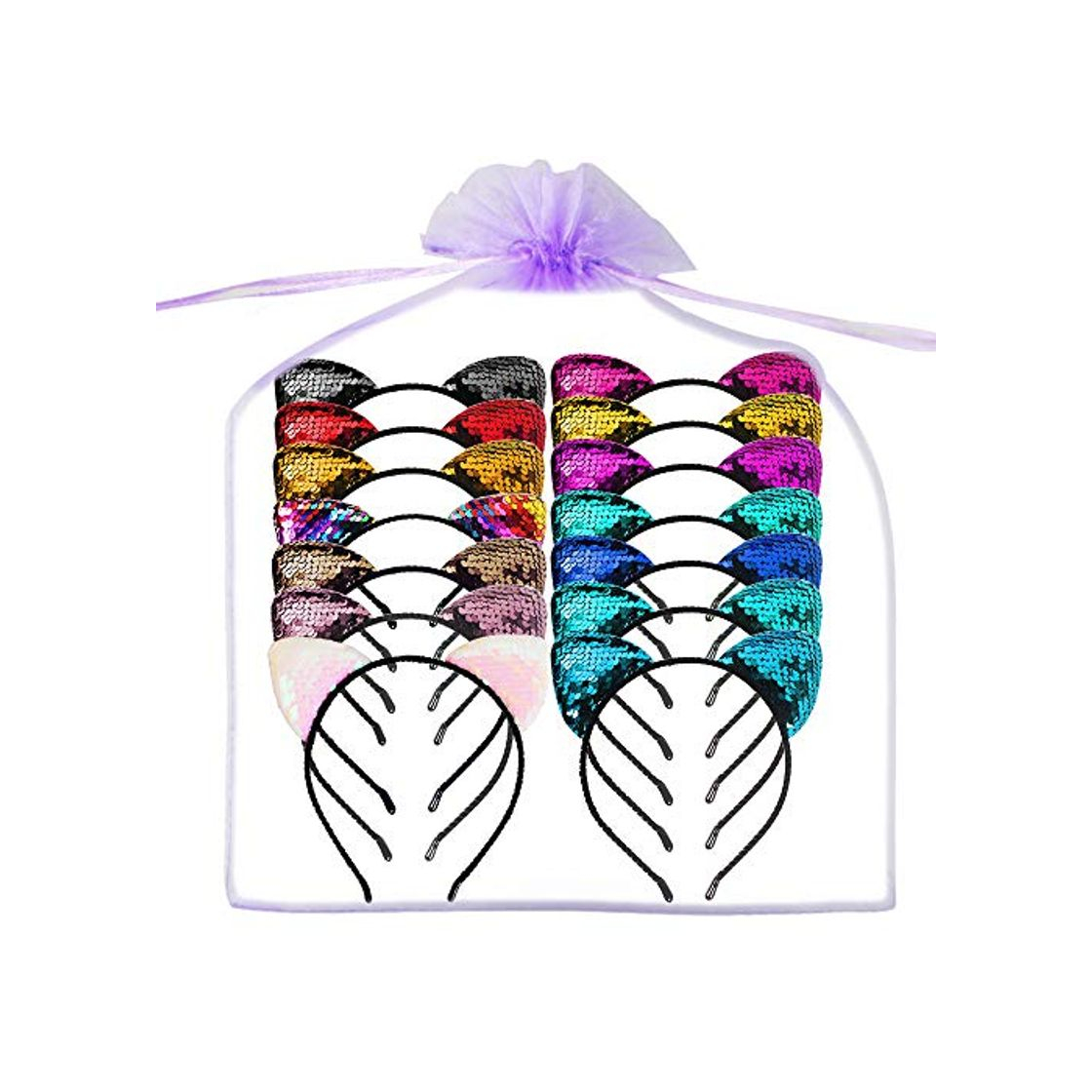 Moda 14 Pcs Diadema con Orejas de Gato Braguita Con Brillo Lentejuelas Banda para el Cabello Brillante Accesorios para el Cabello Aros para el Cabello para Niñas Mujeres Uso Diario y Decoración de Fiesta