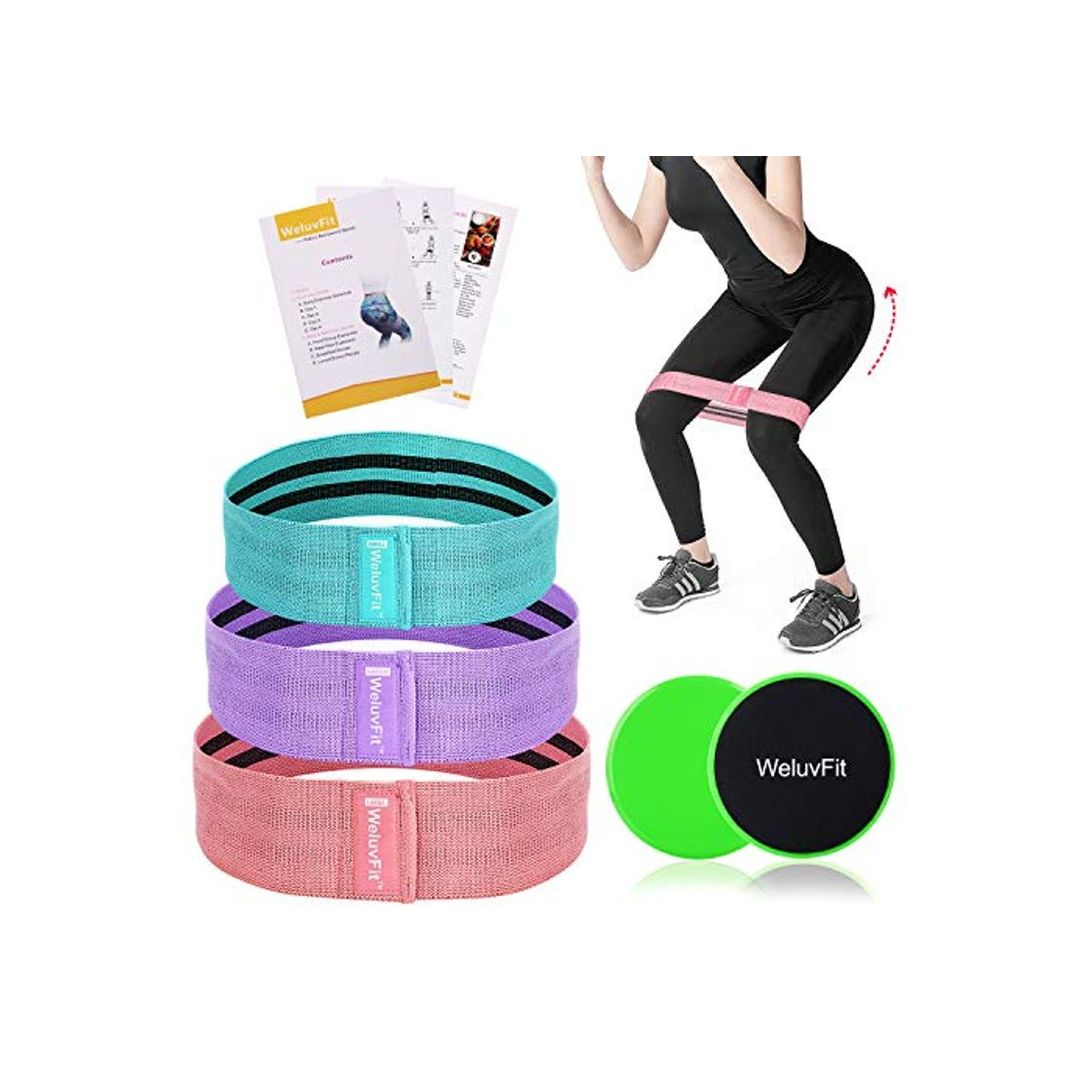 Fitness Bandas de Resistencia Set y Discos Doble Cara Deslizantes - Tela Bandas