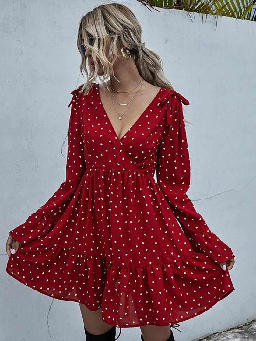 Fashion Heart Print Tie Shoulder Ruffle Hem Dress $MXN462.00