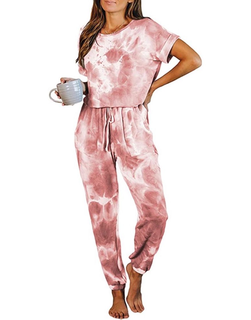 Moda Women's Tie Dye Long Pajamas Short/Long Sleeve Crew Neck Jum