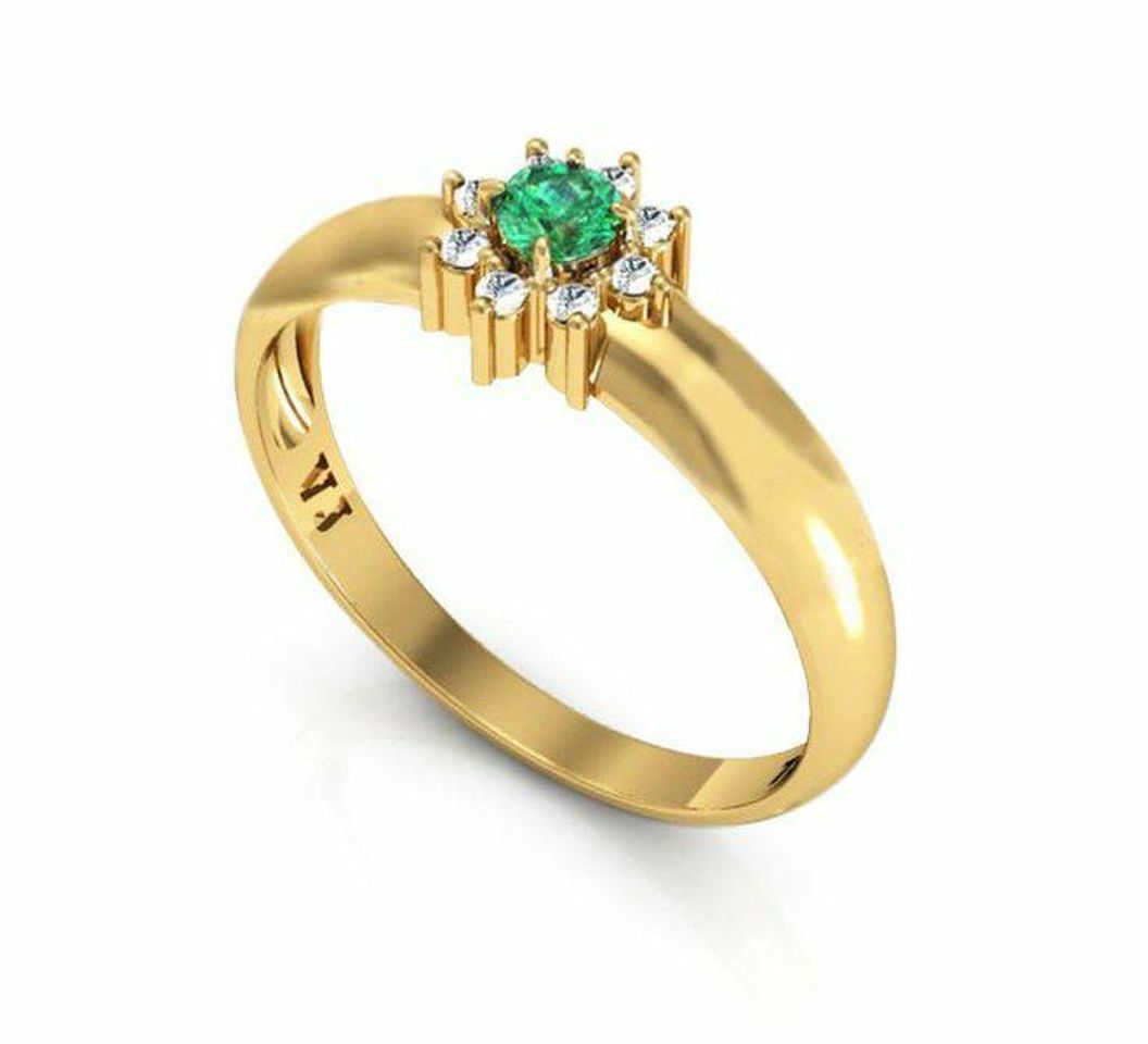 Moda Anel Ouro 18K com Pedras Brancas e Pedra Verde

