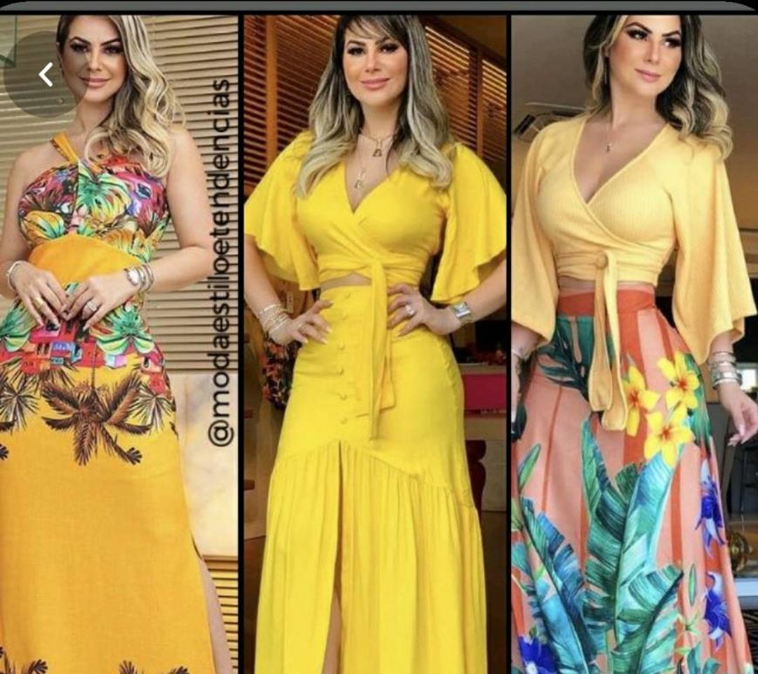 Moda Vestido e Conjunto com amarelo 