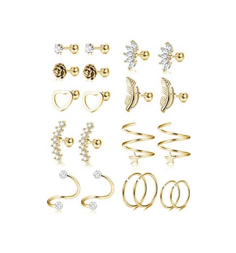 YADOCA 10 Pares 16G Pendientes de Cartílago de Oreja de Acero Inoxidable Tragus Helix Barbell Corazón Flor Pendientes de aro de plumas Cubic Zirconia Con incrustaciones de cartílago Stud para hombres