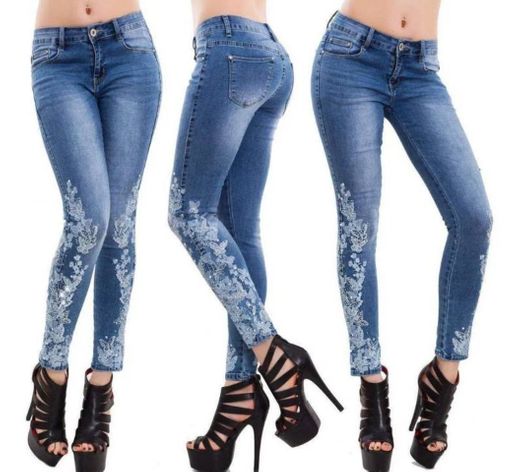 Jeans bordado Slim adelgazante para mujer