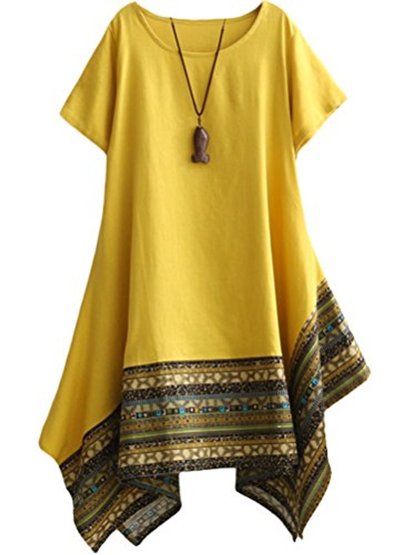 Social Vogstyle Mujeres De Verano De Algodón De Lino Vestido De Camiseta De Manga Corta LH000 Amarillo M