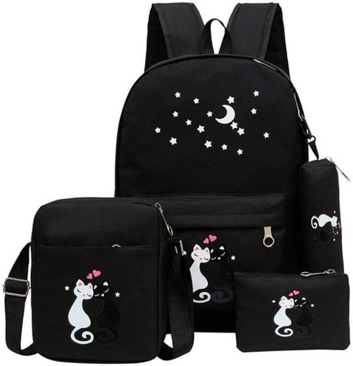  Juego de 4 mochilas escolares de lona con estampado de gato