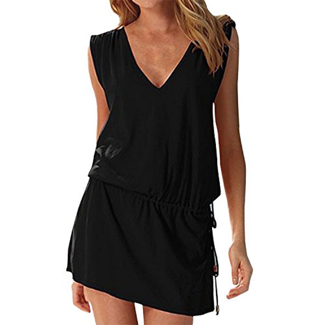 Social Vestidos Sin Mangas Mujer Lisos Verano Mini Vestido Kimono de Playa Corto Cuello V para Fiesta Casual Cóctel Boho Caftan Tunica Kaftan Ropa de Baño Tallas Grandes Pareo Camisola Beach Bikini Cover Up