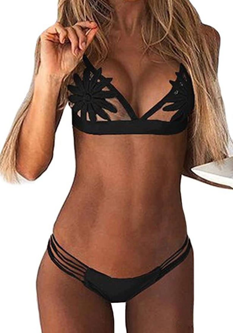 Productos DELEY Mujeres Malla Traje De Baño Triángulo Bikini Brasileño Bordado De Flores Hueco Tangas Swimsuit Negro Tamaño XL