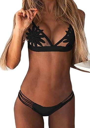 DELEY Mujeres Malla Traje De Baño Triángulo Bikini Brasileño Bordado De Flores Hueco Tangas Swimsuit Negro Tamaño XL