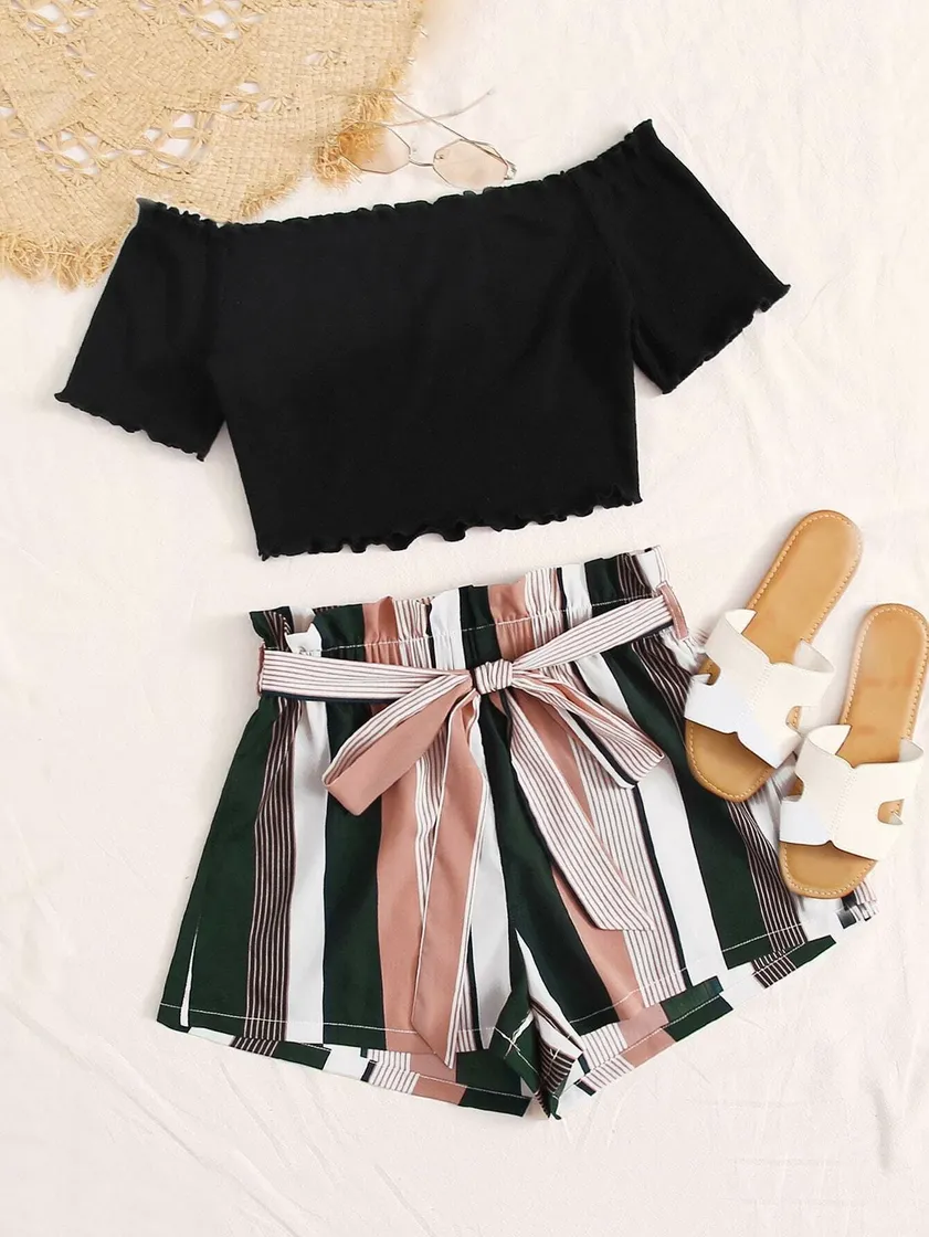 Fashion Lettuce Edge Tee and Paperbag Waist Striped Shorts Set