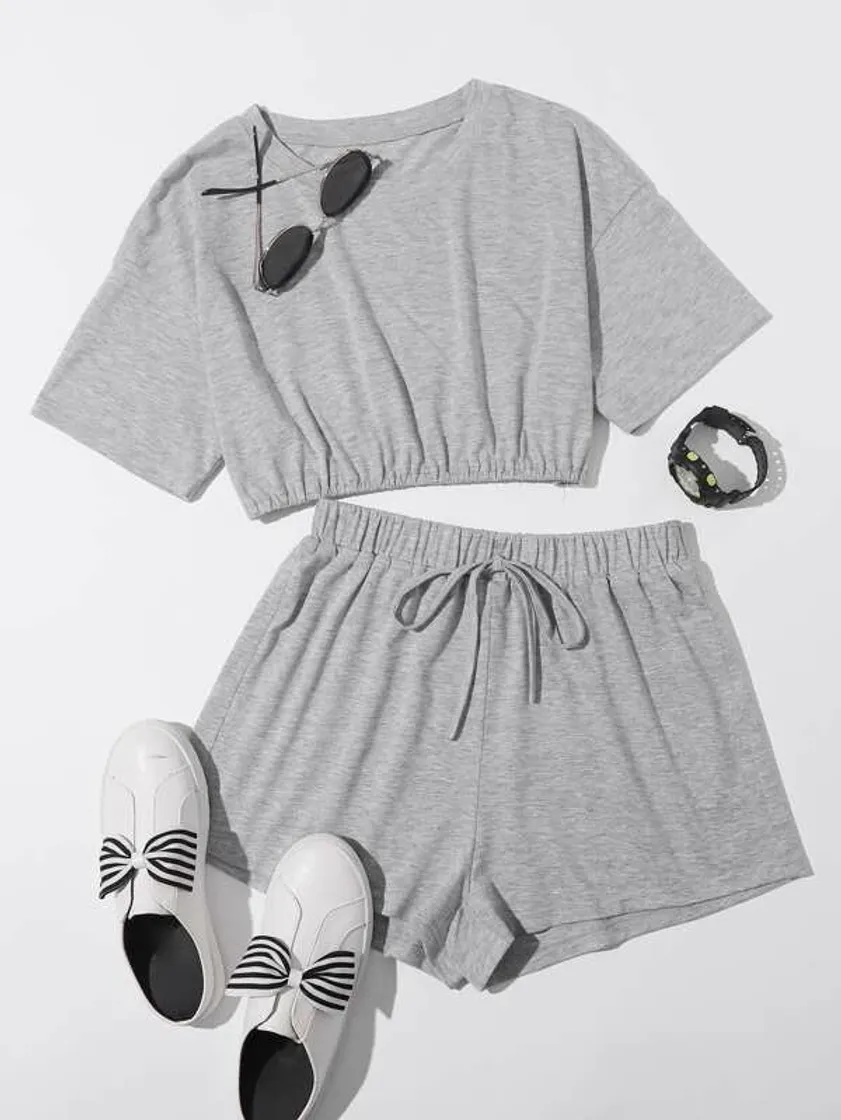 Fashion Solid Crop Top & Tie Front Shorts