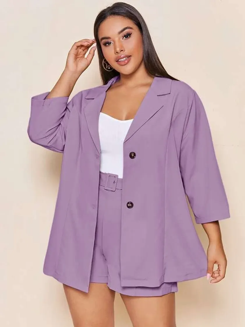 Fashion Plus Single Breasted Blazer With Belted Shorts