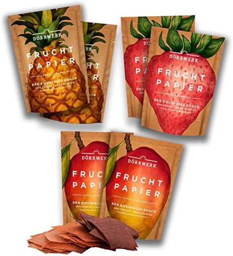 Frutas secas en seis paquetes de papeles de fruta