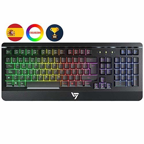 Electronic VicTsing Teclado Gaming Español USB, LED Rainbow Retroiluminación y Panel Completamente Metálico,