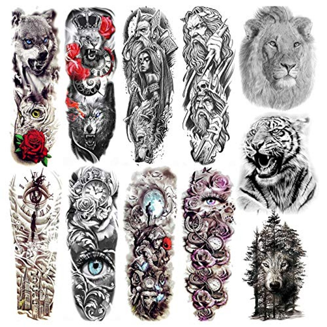 Product COKTAK 11 Hojas Full Brazo Completo Tatuajes Temporales Adultos Mujer Manga Cuerpo Guerrero Grandes Falso Tatuaje Temporal Pegatinas Negro Tribales Lobo León Tigre Tótem Tatuaje Hombre Pierna Animales