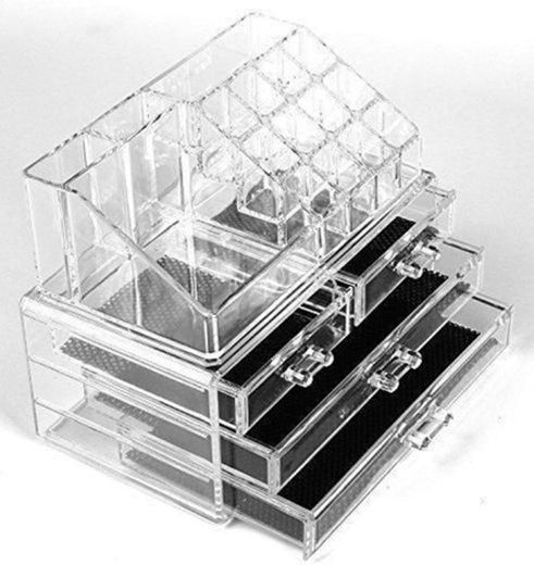Cosmetic Make up Clear Acrylic Organiser Display Storage Acrylic Makeup Storage Jewellery Case Makeup Box with 4 Storage Drawers 