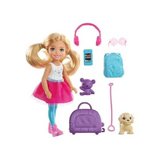 Barbie Chelsea Vamos de viaje con perrito, muñeca con accesorios, regalo para