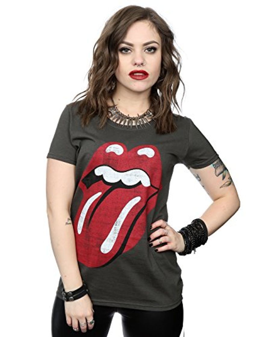 Social Rolling Stones mujer Distressed Tongue Camiseta Medium Grafito luz