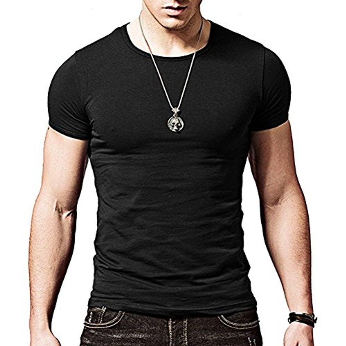 Fashion Camiseta negra ajustada de manga cortada con cuello redondo para hombre