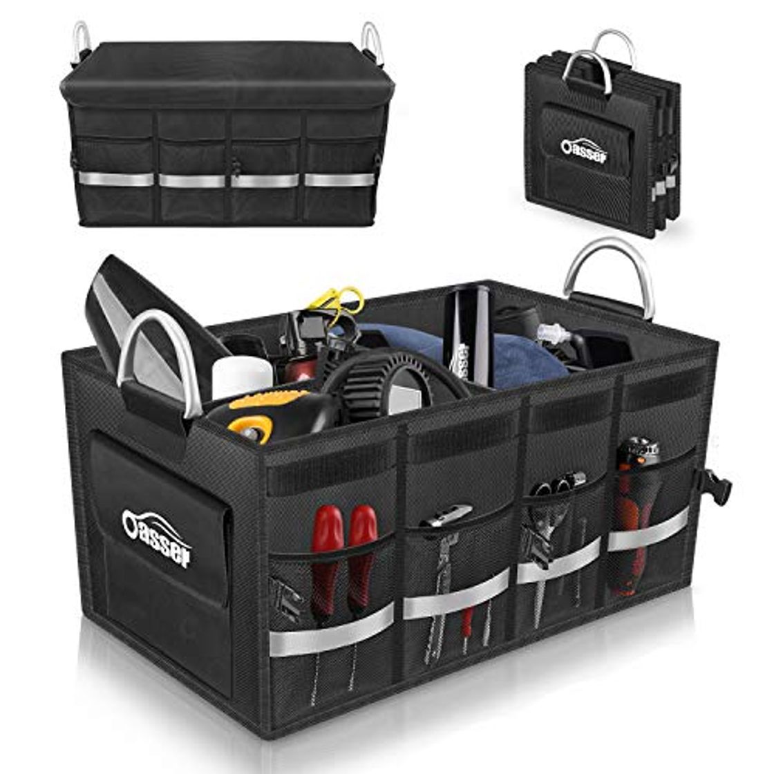 Producto Oasser Organizador Maletero Coche Caja Maletero Coche Bolsa Maletero Coche Organizador Coche con Tapa Gran Capacidad Varios Compartimentos Asas Resistentes Impermeable Plegable Negro E3