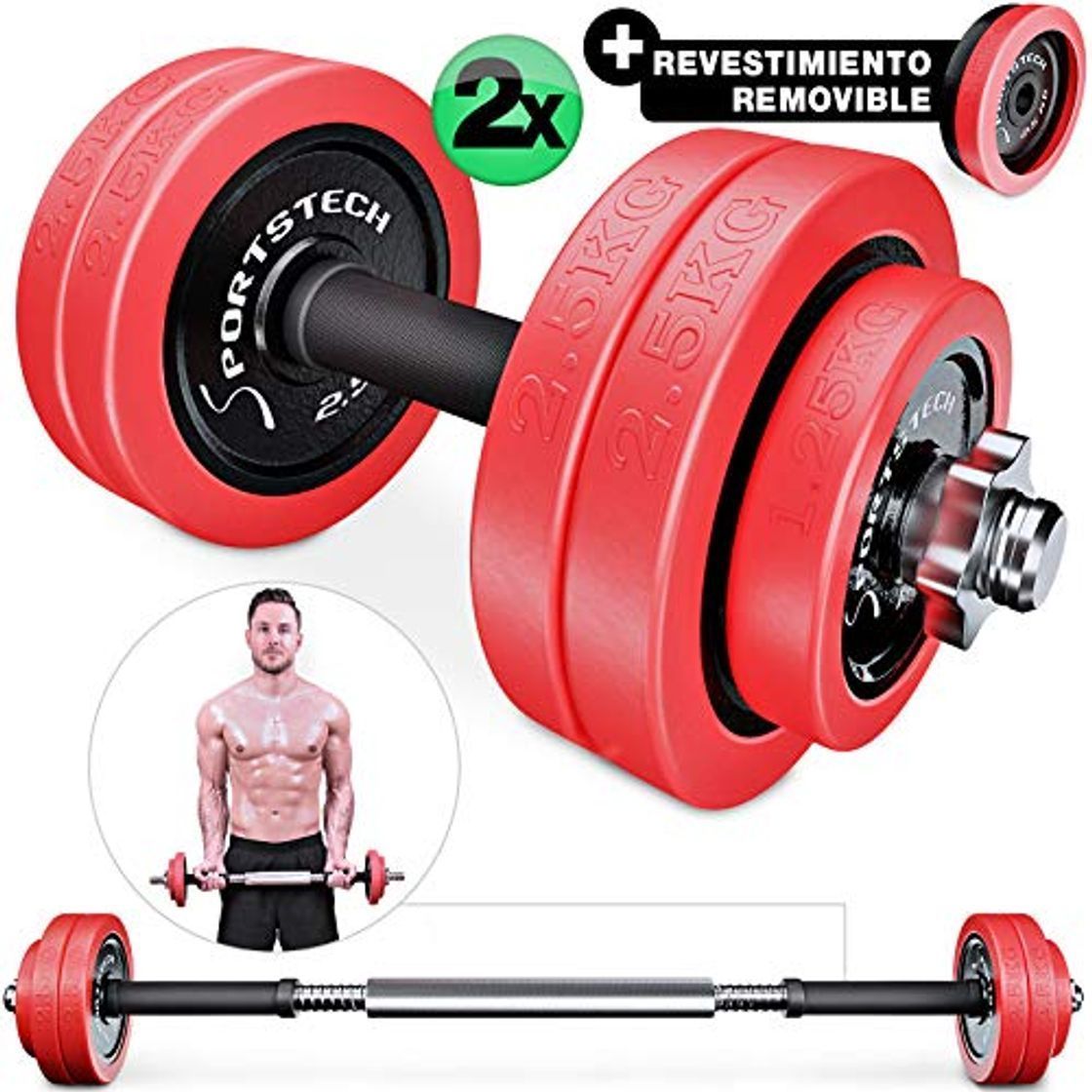 Social Sportstech Juego de Mancuernas 2en1 AH300 con Recubrimiento de Silicona y Barra