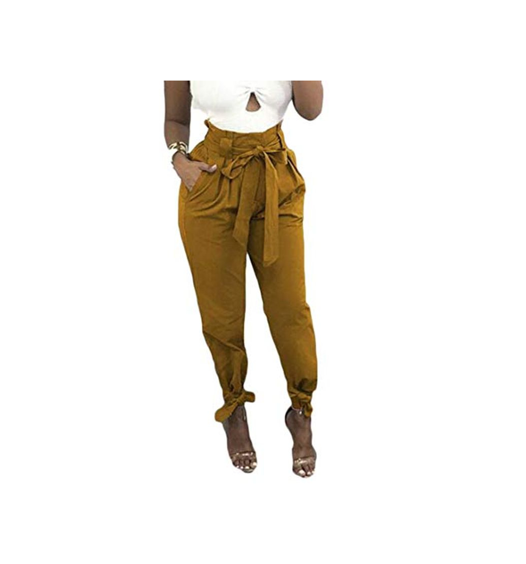 Fashion H&E Harem Pantalones de Mujer de Tiro Alto Jogger Casual Cinturón Pantalones Amarillo Amarillo M