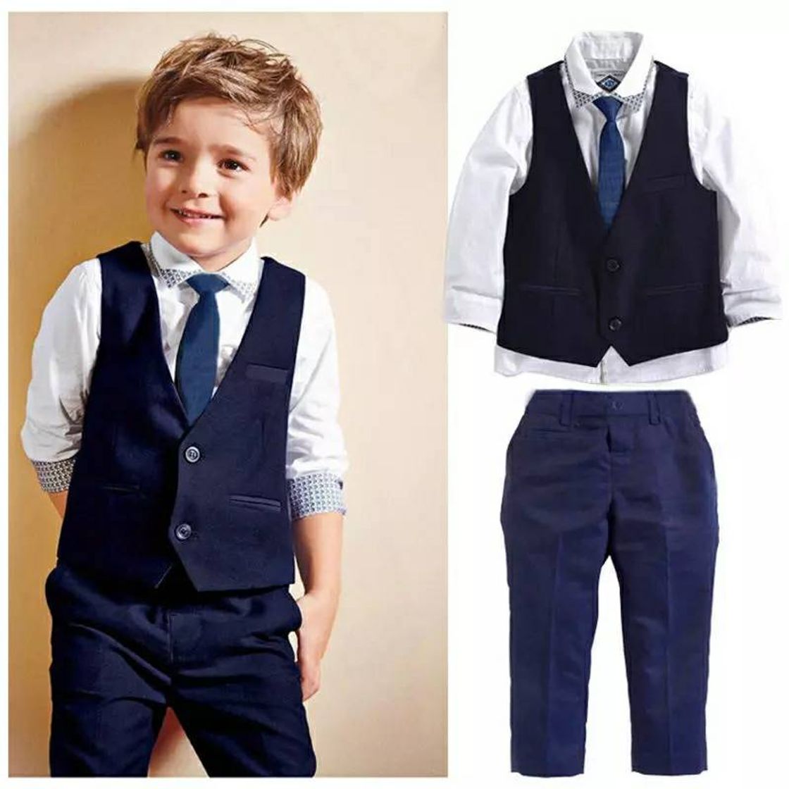 Fashion Elegante traje azul corbata y chaleco niño 👦 