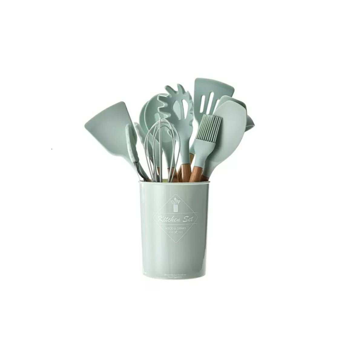Social Utensilios de madera y silicona verde mint