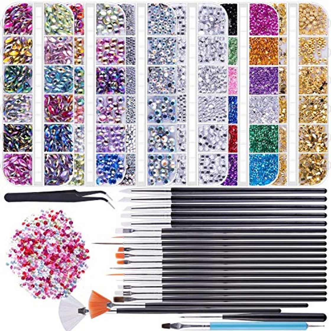 Product Duufin 6 Cajas Pedrería Diamantes de Imitacion para uñas 15 Piezas Pinceles para Uñas 1 Pieza Pinza 5 Piezas Plumas de Uñas para Decoración de Arte de Uñas