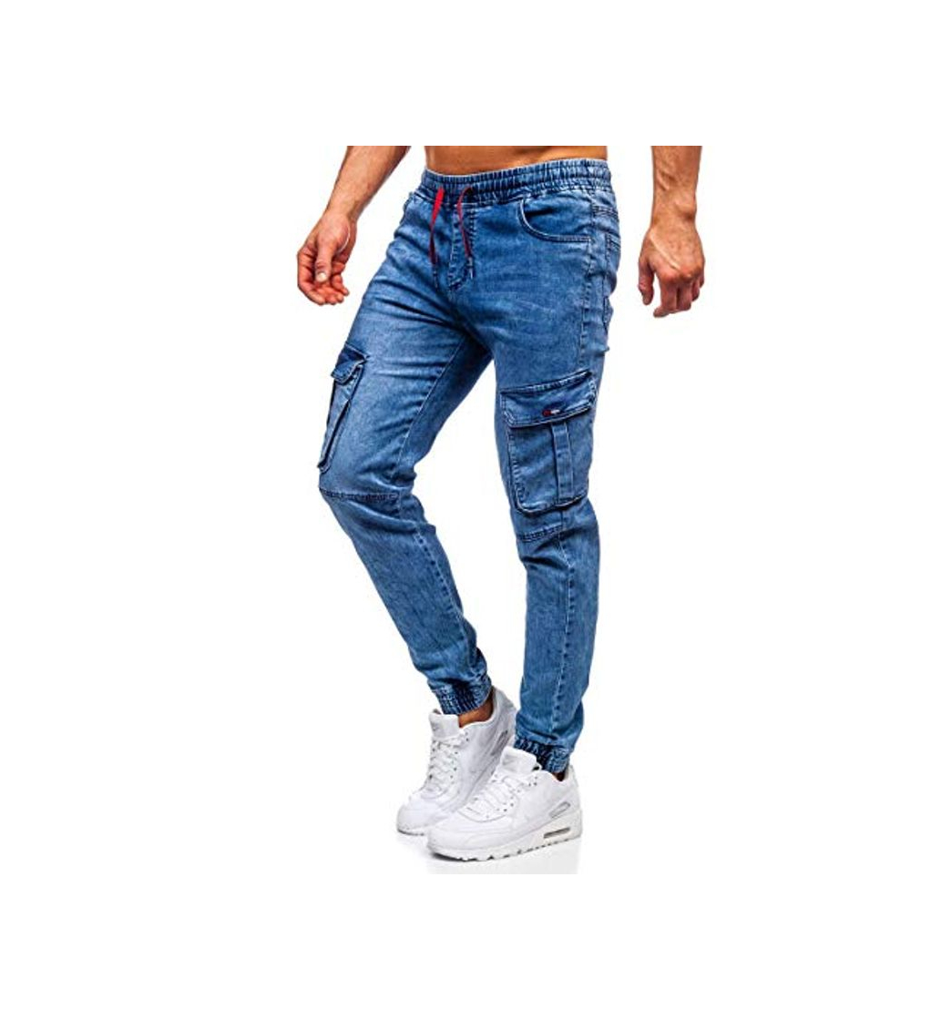 Fashion BOLF Hombre Pantalón Vaquero Jogger Denim Pantalones Cargo de Algodón Slim Fit Bajos Ajustados Estilo Urbano Red Fireball HY689 Azul Oscuro XXL [6F6]