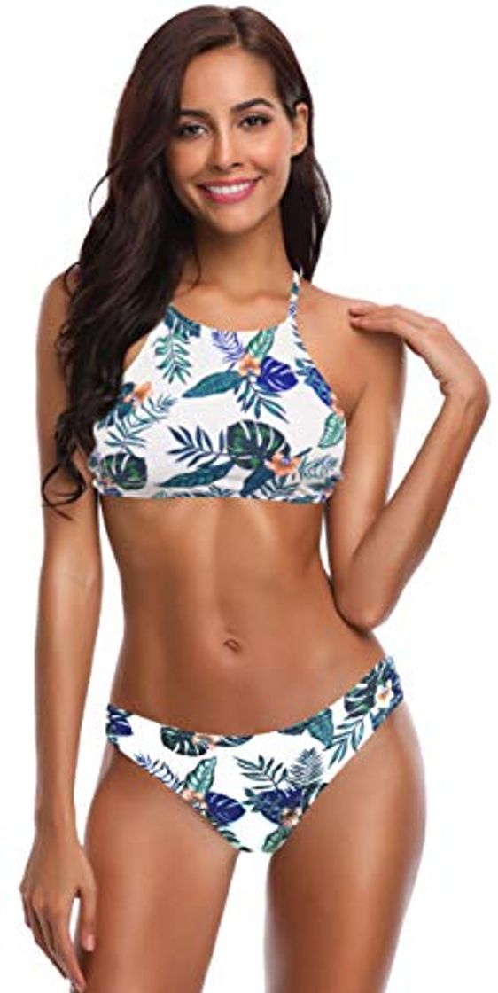 Social SHEKINI Mujeres Trajes de Baño Cuello Alto Impresión Stripe String Bikini Traje