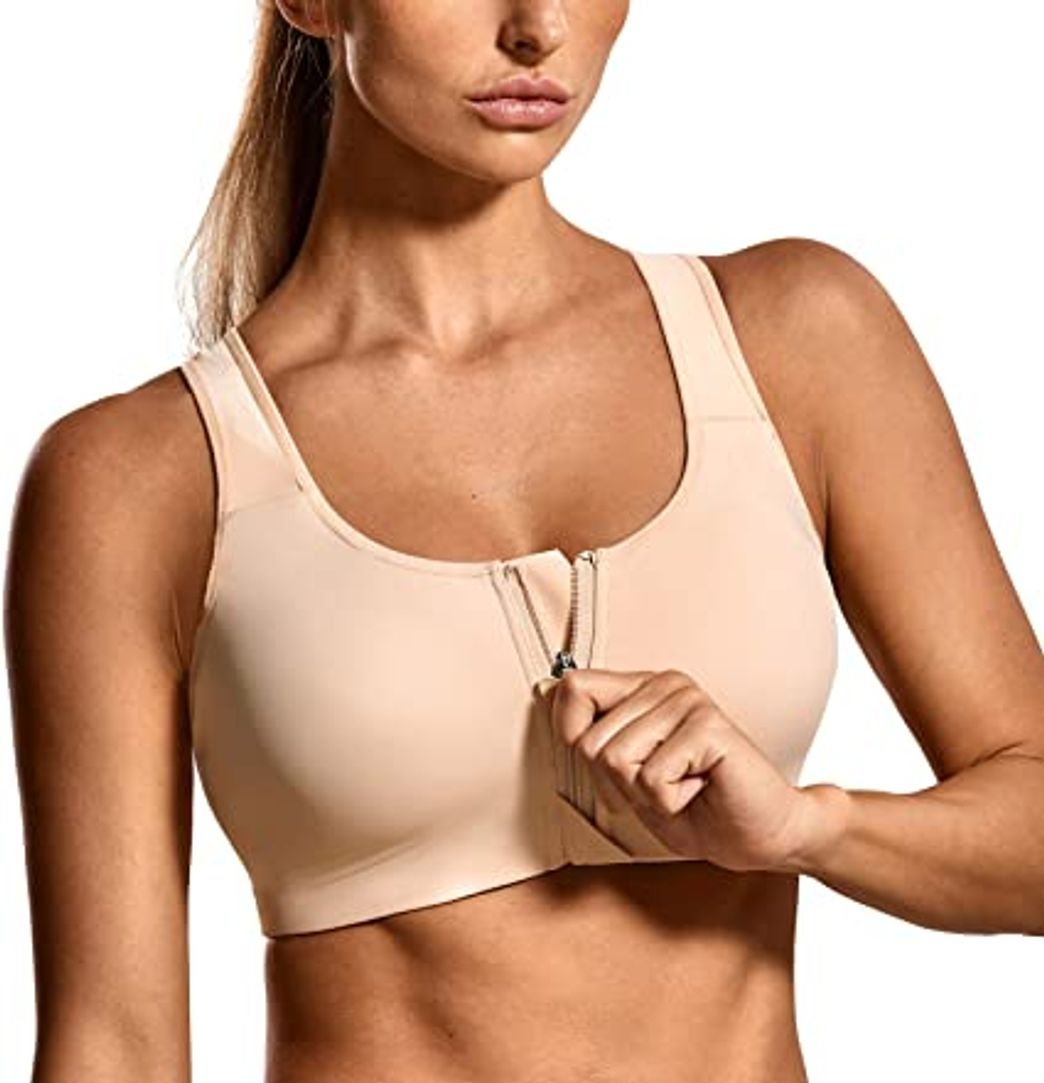 Moda SYROKAN Sujetador Deportivo para Mujer Alto Impacto Sujetador Deportivo con Cremallera Beige