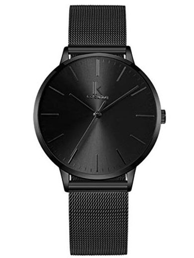 Alienwork Reloj Mujer Relojes Acero Inoxidable Banda de Malla Metálica Negro Analógicos