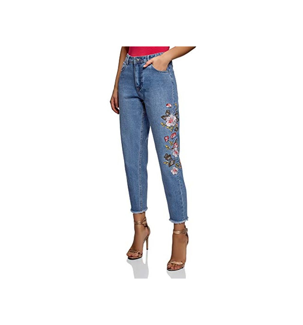 Social oodji Ultra Mujer Vaqueros Mom Fit de Cintura Alta con Parche, Azul,
