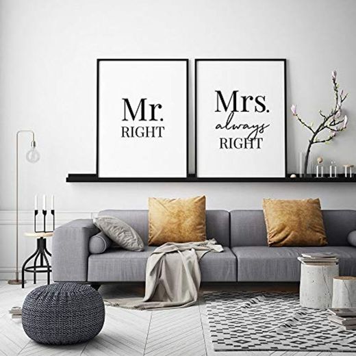 Wood Framed Sign 16x20'' Wooden Prints Printable Mr Mrs Printable Art Set of 2 Couple Bedroom Art Mr Right Mrs Always Right Sign Couple Bedroom Prints Bedroom Decor Wood Signs for Home Decor Quotes