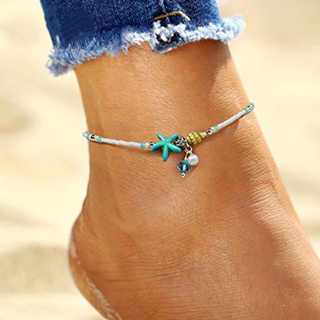 Fashion lnlyin Conch Estrella de mar Colgante Arroz Bead del pie clásica Yoga playa cadena)