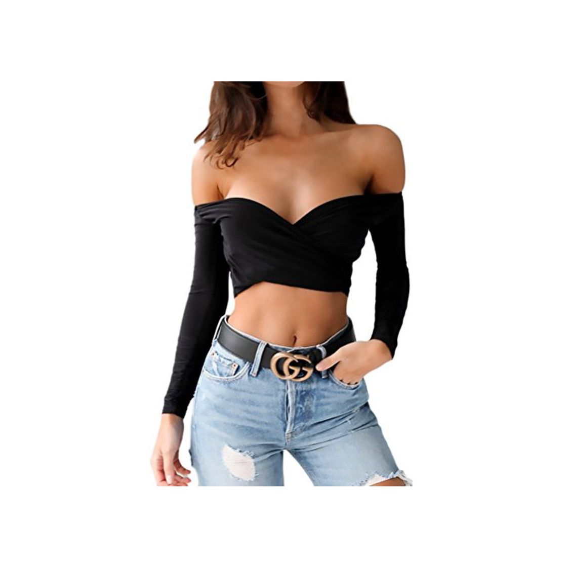 Social Mujer Camisas Manga Larga Hombros Descubiertos Off Shoulder Espalda Abierta Cuello Barco