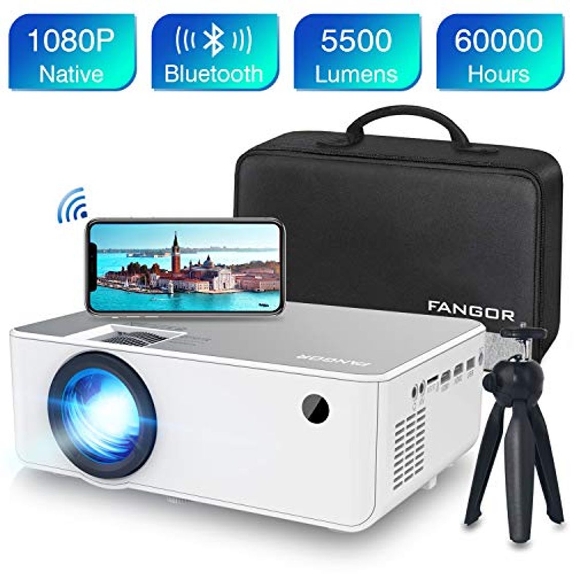 Social Proyector WiFi FANGOR 1080P Nativo HD Proyector Vídeo 5500 Lumens portátil Bluetooth