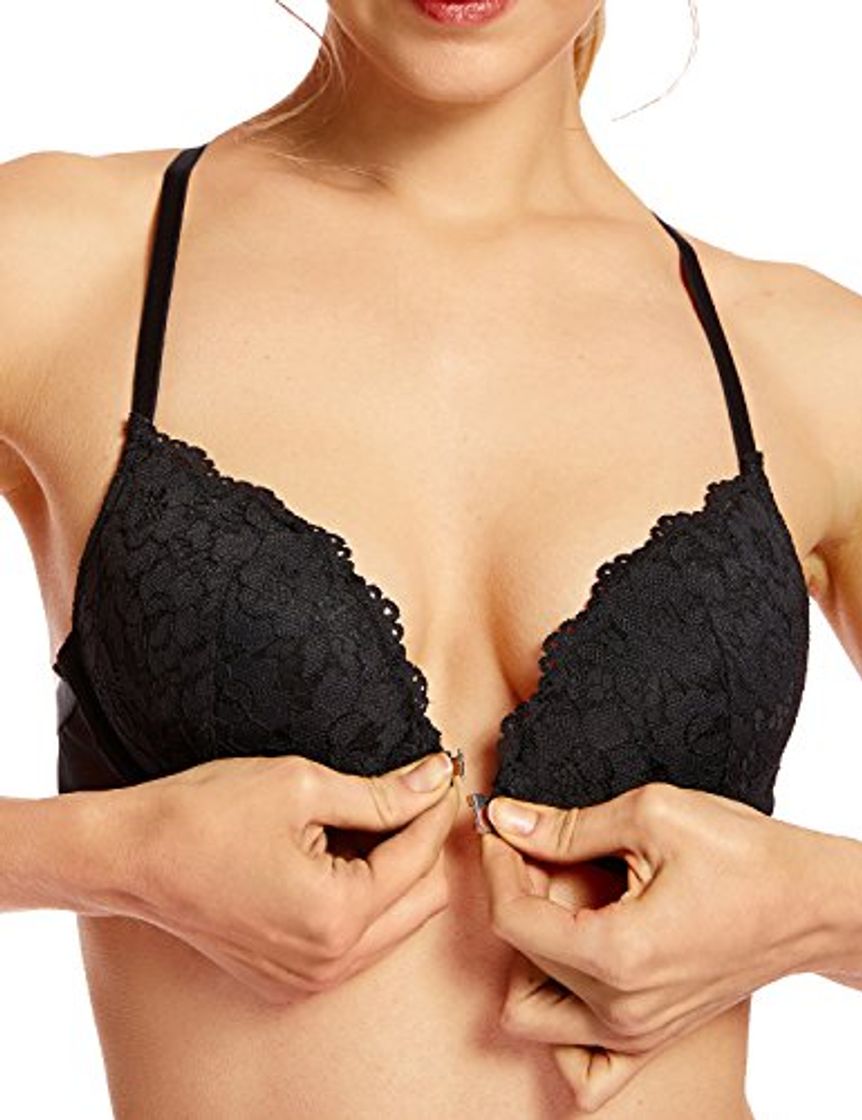 Moda DOBREVA Sujetador Encaje Push Up Cierre Delantero con Aros para Mujer Negro