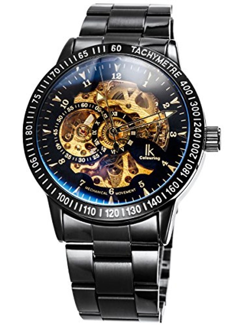 Social Alienwork IK Reloj Mecánico Automático Relojes Automáticos Hombre Mujer Acero Inoxidable Negro Analógicos Unisex Impermeable Esqueleto