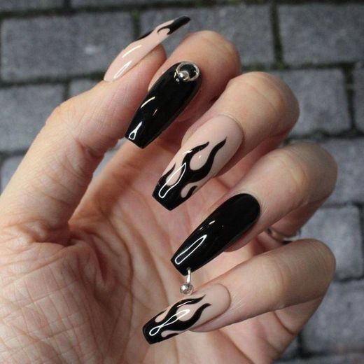 Nude Nails with Black Flames