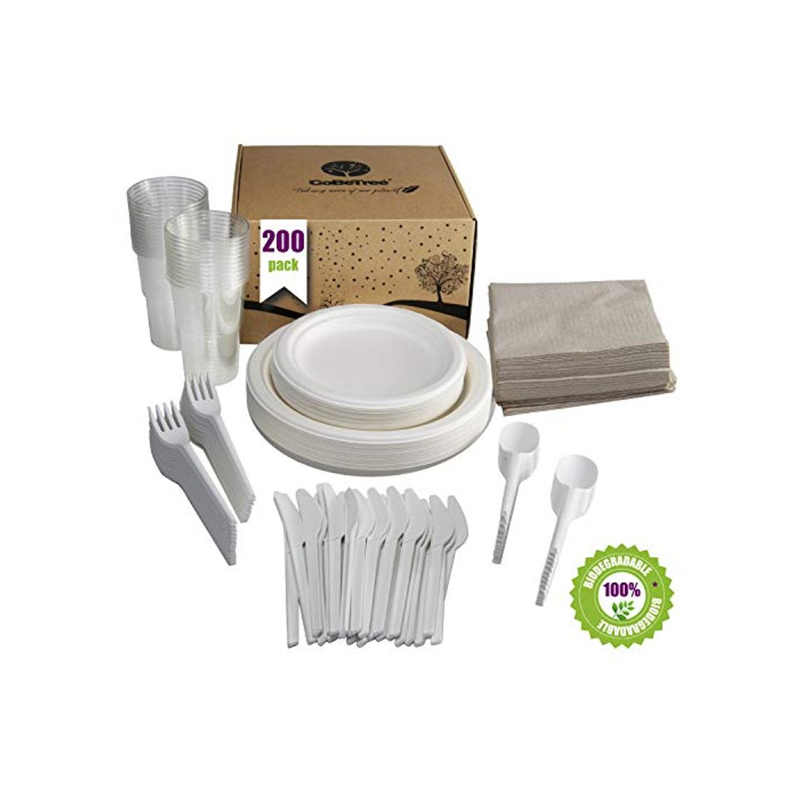 Product GoBeTree Vajilla desechable de 200 Piezas para 25 Personas. Paquete vajilla Biodegradable