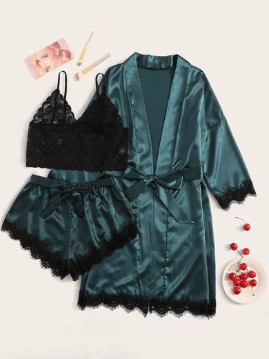 Floral Lace Bralette With Satin Shorts & Belted Robe