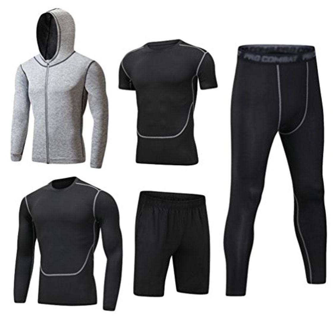 Moda Dooxii Hombre 5 Piezas Secado Rápido Conjunto Compresión Ropa Sudaderas con Capucha y Pantalones Cortos y Leggings y Manga Corta y Manga Larga Tops Apretada para Running Fitness Entrenamiento M