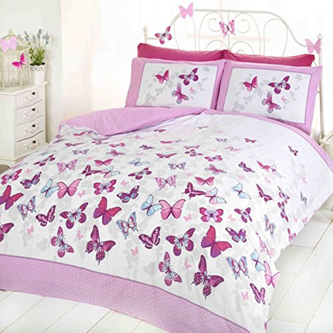 Social Mariposa Flutter - Edredón y funda de almohada - Rosa, para cama