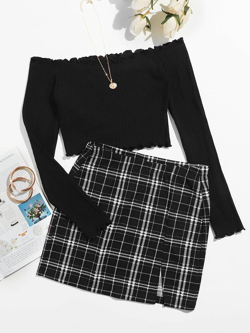 Social saia divido xadrez e blusinha