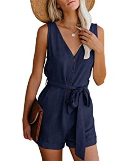 MISS MOLY Mono Mujer Traje de Verano Cuello en V Trajes de Mameluco Correa de Espagueti Sin Mangas Halterneck Jumpsuit Playsuit Verde Small