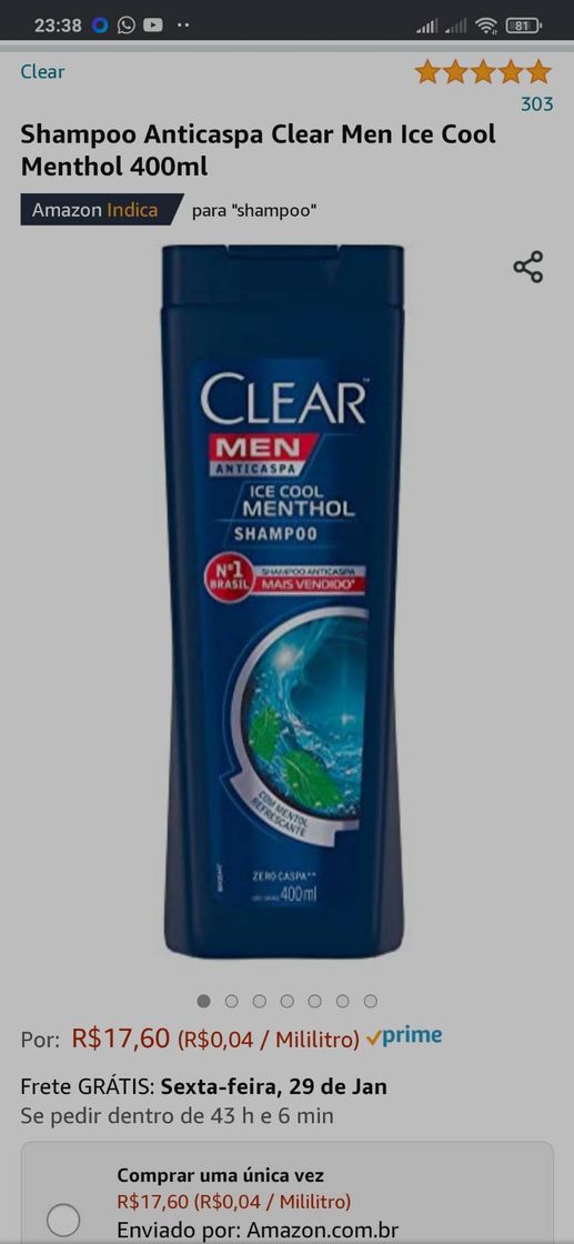 Productos Shampoo Anticaspa Clear Men Ice Cool Menthol 400ml

