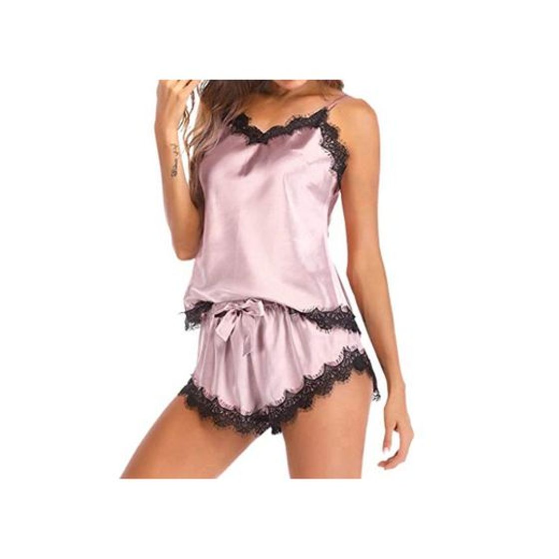 Social MEIbax Lencería Sexy Mujeres Ropa de Dormir Satén Seda Babydoll Lace Up Pijamas de Noche Sin Mangas Correa Borde Top Traje de Noche Encaje Satén Atractivo Cami Top Conjuntos de Pijama